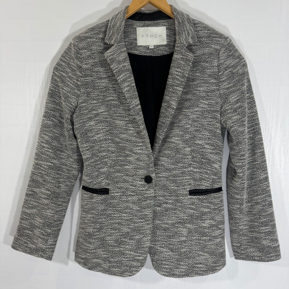 FRNCH Women Tweed Blazer Black‎ Trim One Button Career Professional Size M